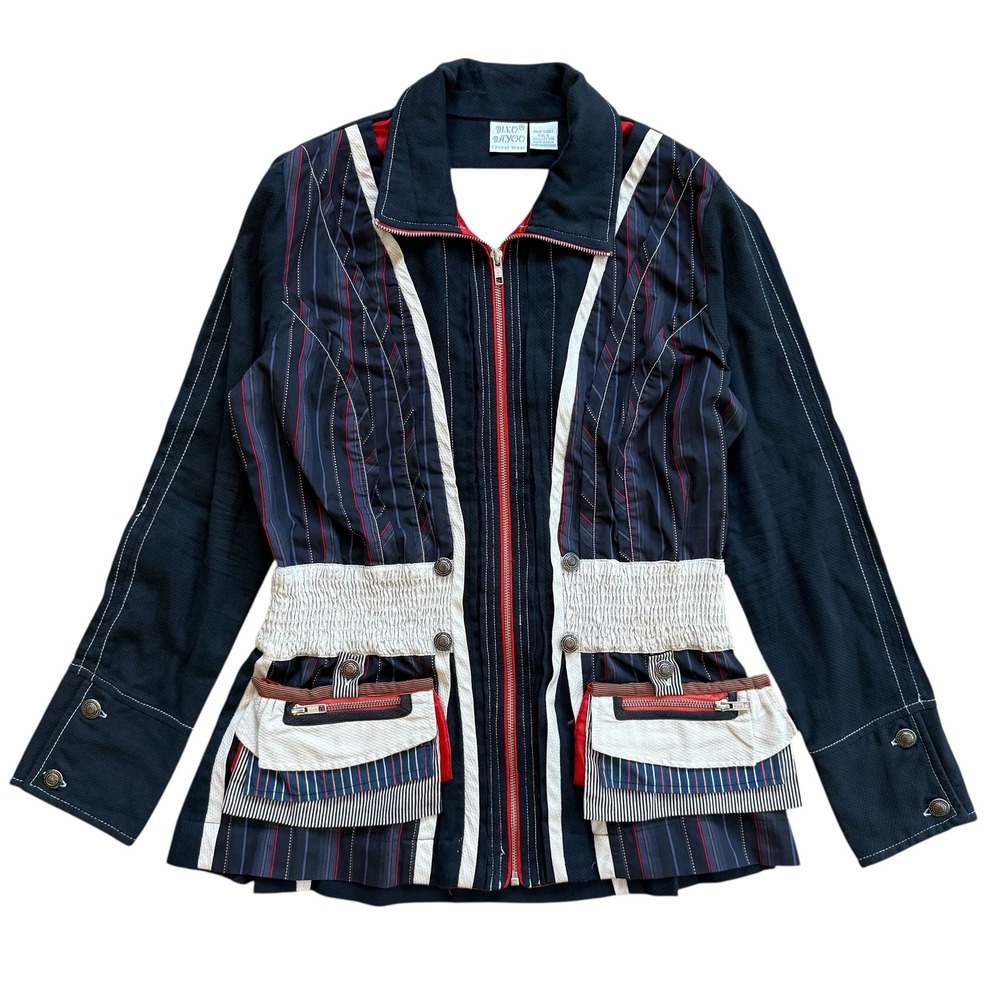 Bleu Bayou Casual Wear Navy Striped Mixed Media Zip Up Jacket Women Small Cotton